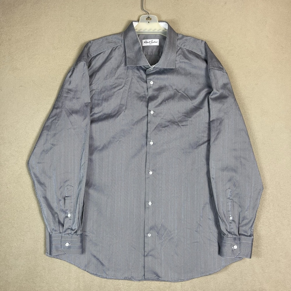 Robert Graham Shirt Men 18.5 Gray White Herringbone Cotton Long Sleeve Button Up